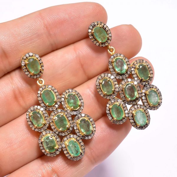 Natural Emerald Diamond Silver Dangler Earrings
