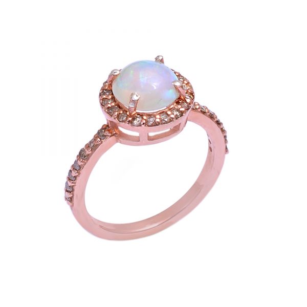 Rose Gold Silver Pave Diamond White Opal Propose Ring