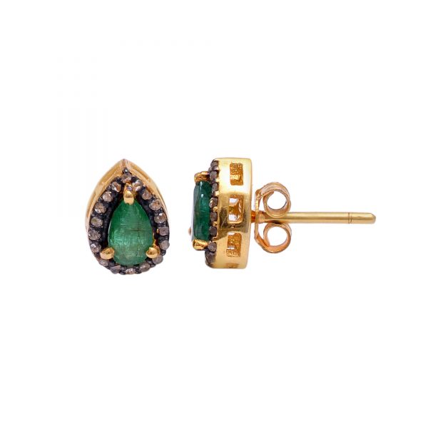 Emerald Diamond Stud Earrings Yellow Gold Plated 925 Sterling Silver Pear Cut Green Gemstone Vintage Earrings