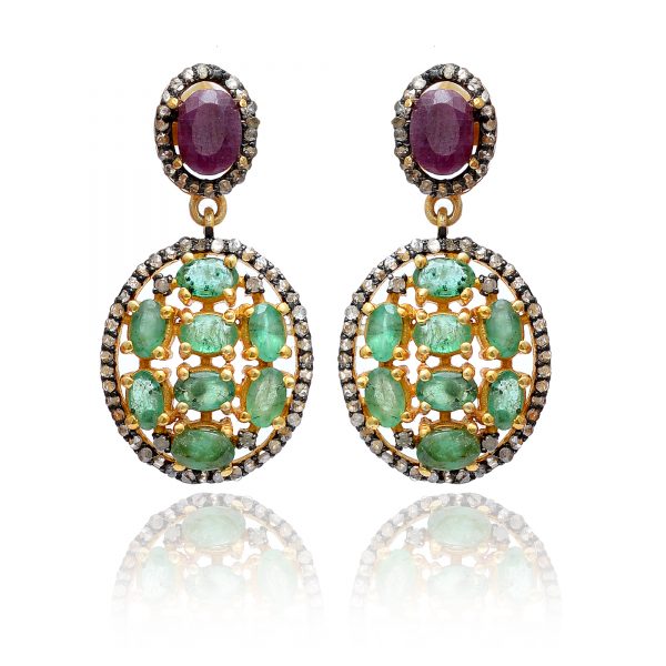 Ruby Diamond Earrings Yellow Gold Plated Emerald Earring 925 Sterling Silver Victorian Wedding Dangle Drop Earrings