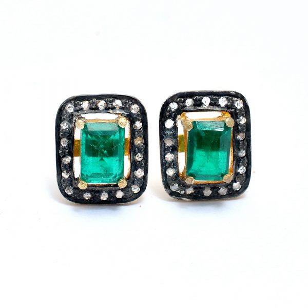 Emerald Stud Earrings Yellow Gold Plated 925 Sterling Silver Pave Diamond Earrings Vintage Gemstone Wedding Earring Tops