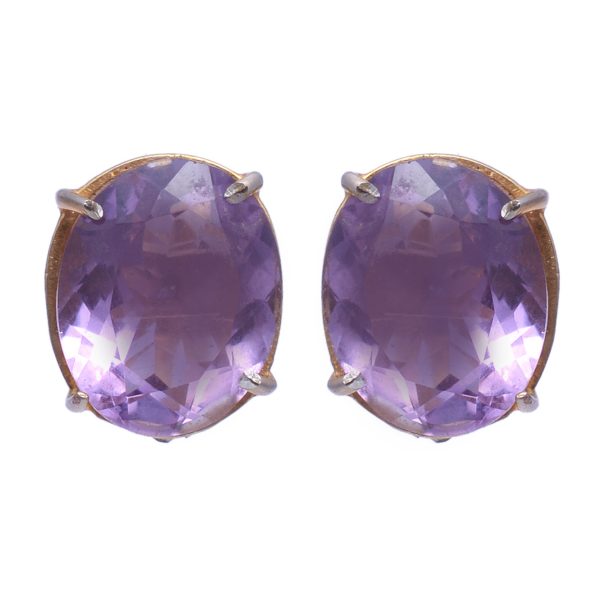 Amethyst Stud Earrings Rose Gold Plated 925 Sterling Silver Oval Cut Purple Gemstone Vintage Post Earrings