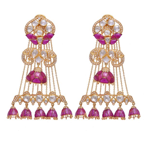 Moissanite Polki Earrings Yellow Gold Plated Ruby Red Victorian Earrings 925 Sterling Silver Polki Dangle Drop Bridal Earring Jewelry
